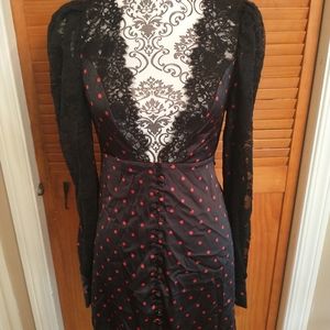 For Love & Lemons Melrose Black with Red Polkadots Satin V Neck Robe Women XS